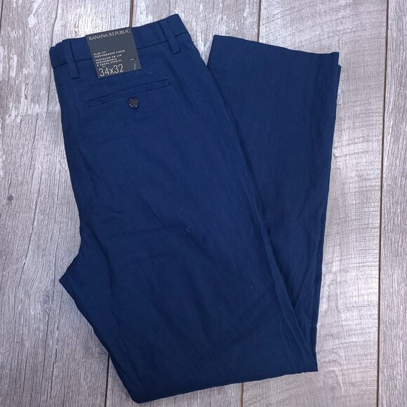 Banana Republic Pants Mens 34x32 Slim Fit Blue Performance Linen Blend Chino - Picture 1 of 9